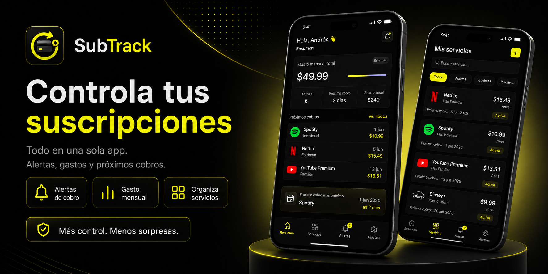 Pantalla principal de Subtrack, app móvil para control de suscripciones en Android